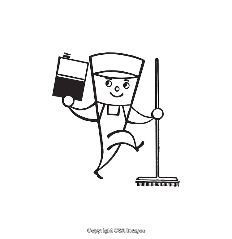 Cheerful Worker Character With Mop and Cleaning Supplies Line Art Illustration