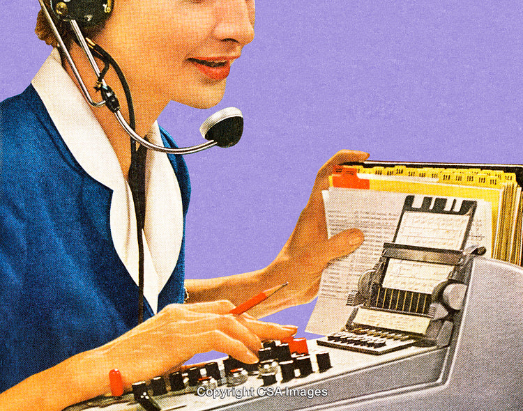 Retro Office Worker Typing on a Vintage Machine with Documents