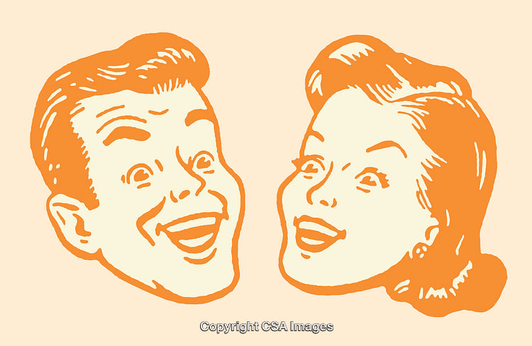 Retro Illustrated Faces of Happy Smiling Couple in Vintage Style