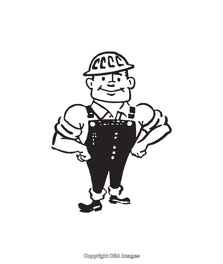 Retro Line Art Illustration of a Cartoon Worker Wearing Overalls and Helmet