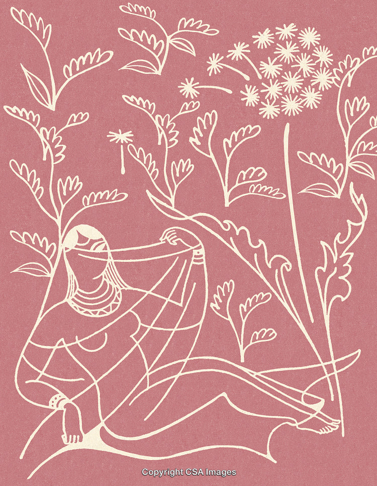 Abstract Illustration of a Woman Sitting Among Decorative Flowers and Leaves