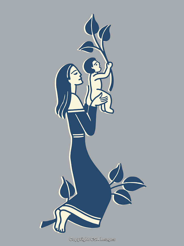 Stylized Illustration of Mother and Child With Organic Leaf Elements