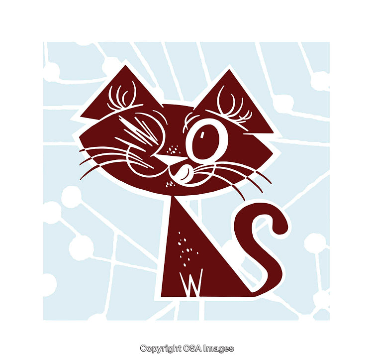 Playful Cat Illustration with Bold Colors and Abstract Background Design