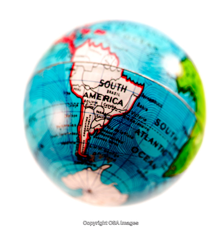Colorful Plastic Globe Depicting South America and Surrounding Geography