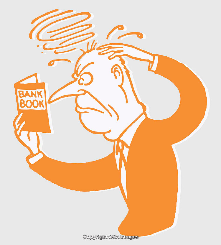 Confused Businessman Reading a Bank Book in Cartoon Style Artwork