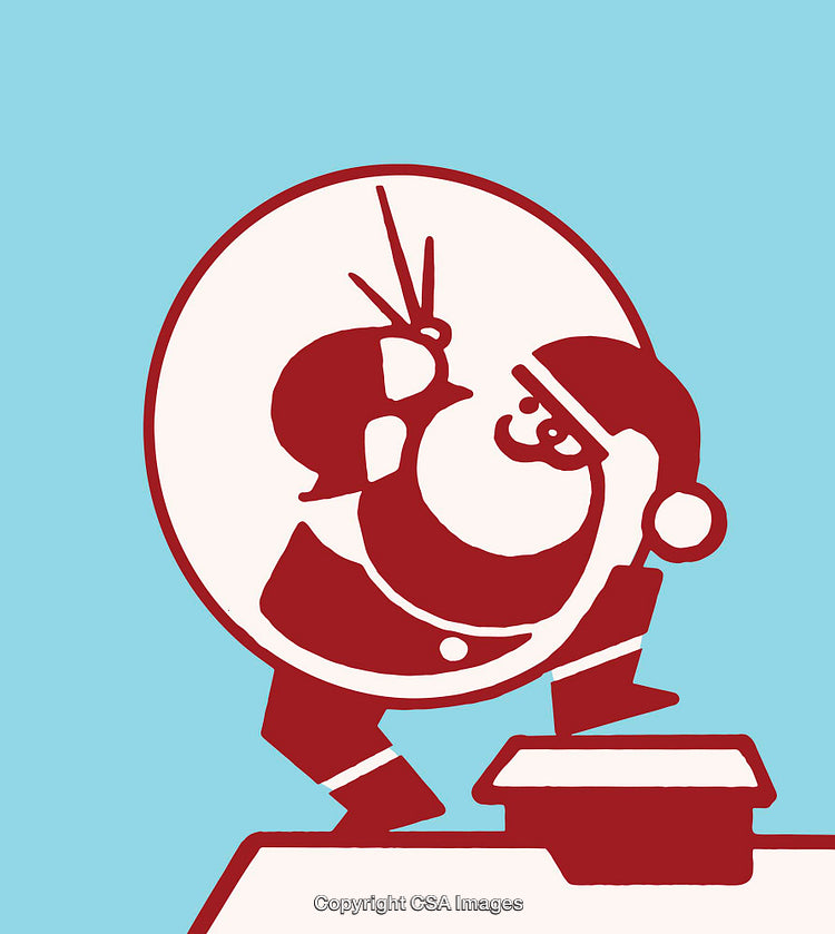 Whimsical Red and White Illustration of Santa Peering Into a Chimney