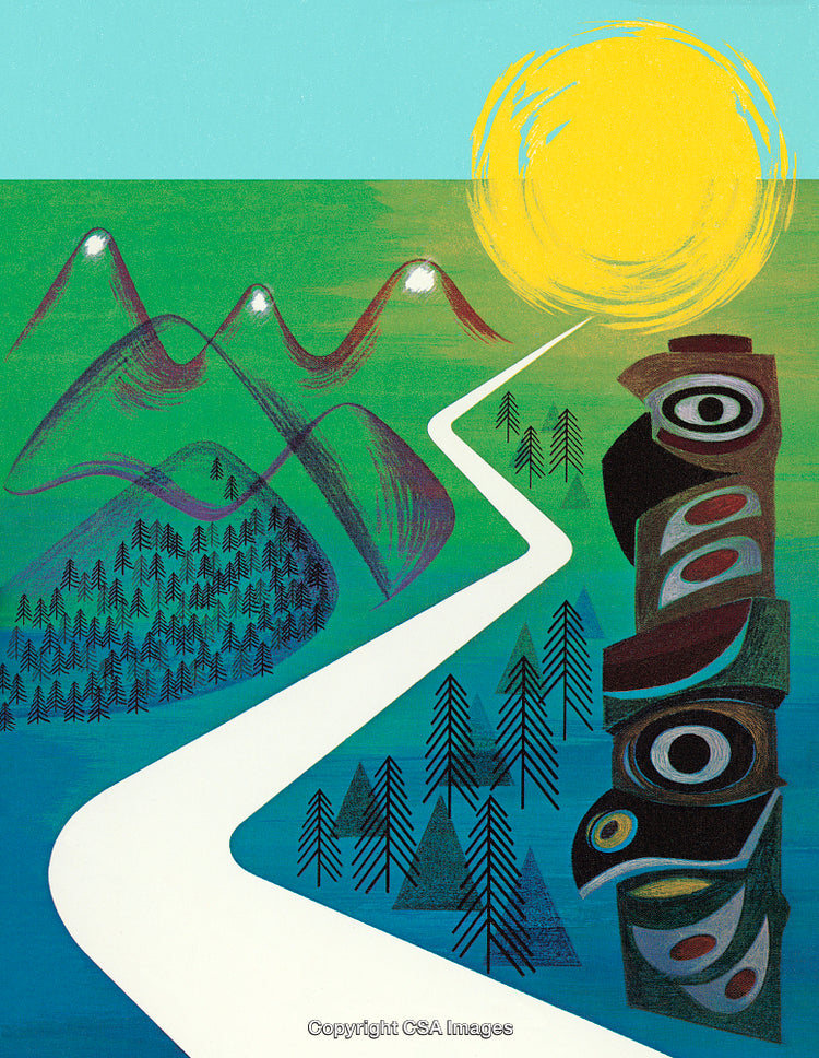 Colorful Landscape with Road, Totem Pole, Mountains, and Abstract Elements