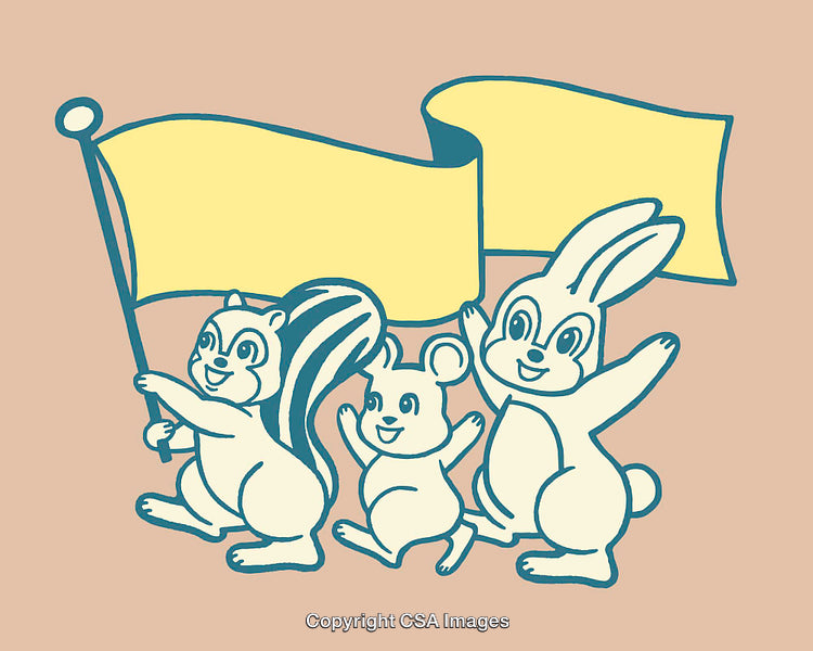 Cartoon Animals Waving Banner in Playful Line Art Style Illustration