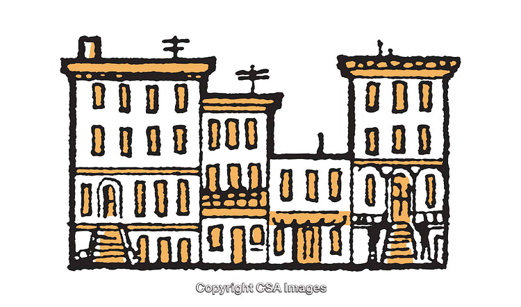 Charming Urban Buildings Illustration in Vibrant Hand-Drawn Style