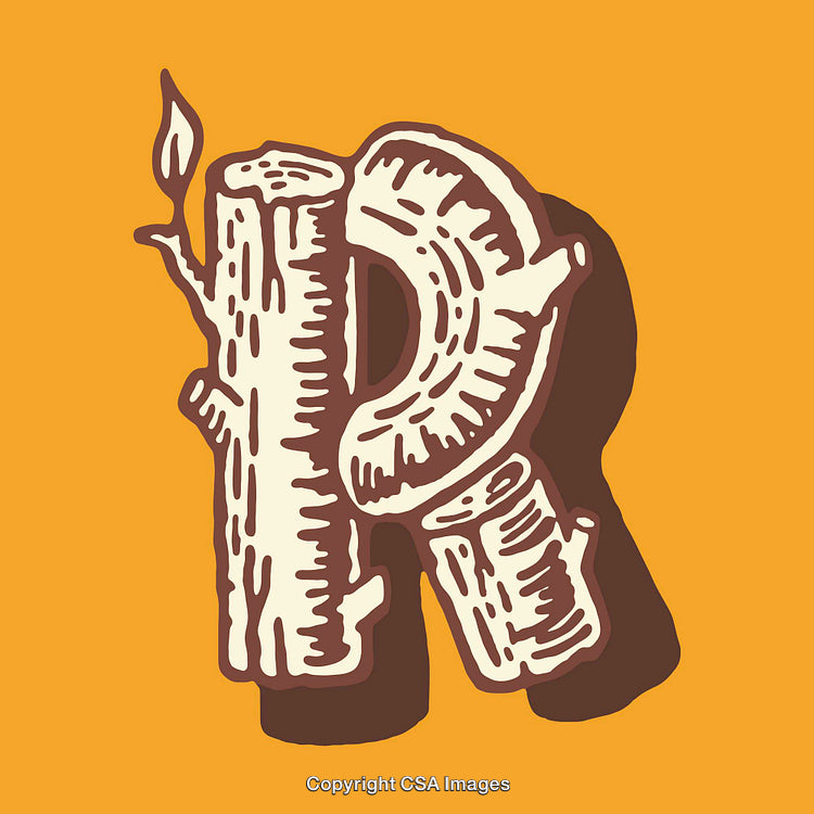 Stylized Wooden Letter R with Textured Design on Orange Background
