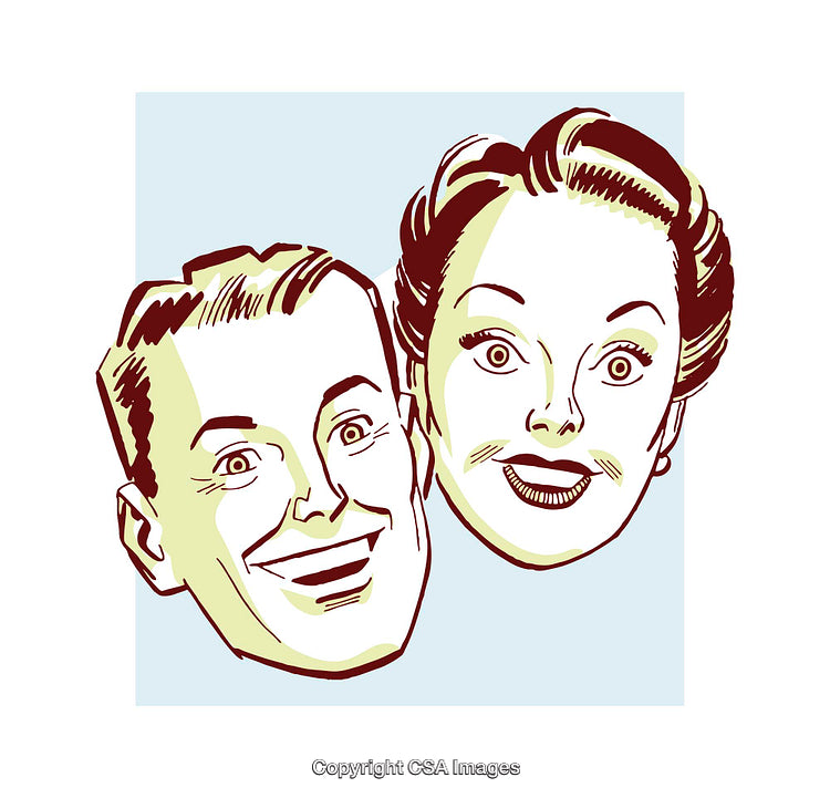 Retro Style Illustration of Smiling Man and Woman in Vibrant Colors