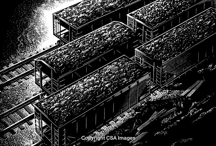Detailed Black and White Engraving of Train Cars Transporting Coal