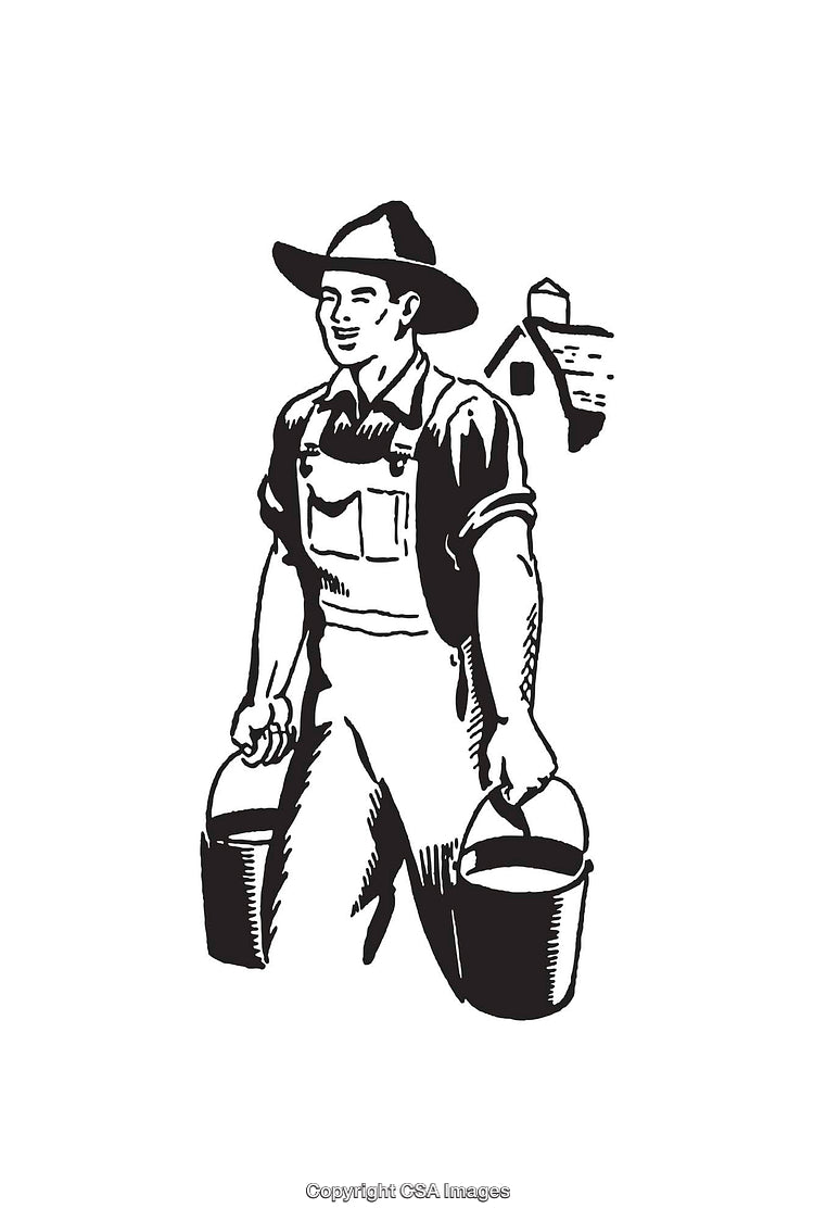 Vintage Black-and-White Line Art of a Farmer Carrying Buckets