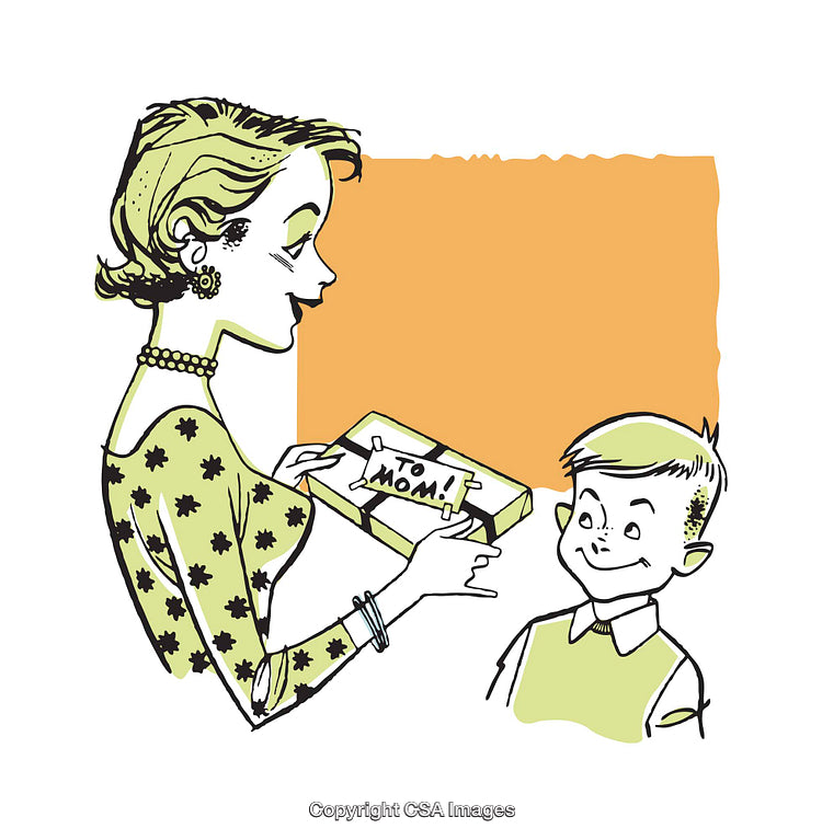 Retro Style Illustration of Mother Receiving Gift from Child