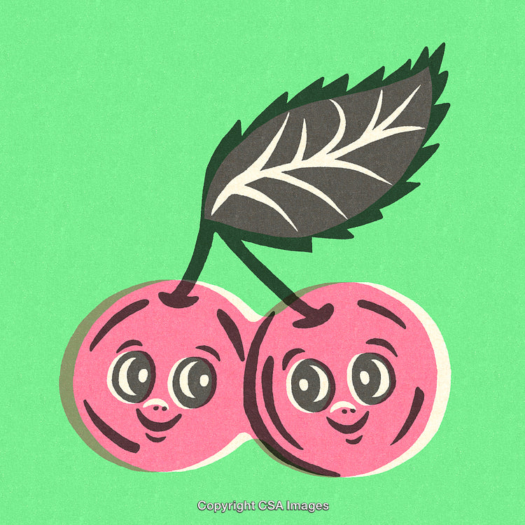 Retro Styled Cartoon Illustration of Smiling Cherries on Bright Green Background