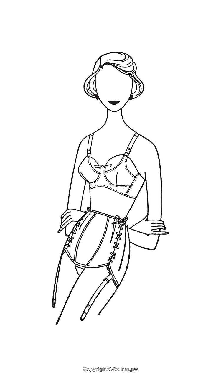 Vintage Line Drawing of a Woman in Lingerie and Retro Hairstyle