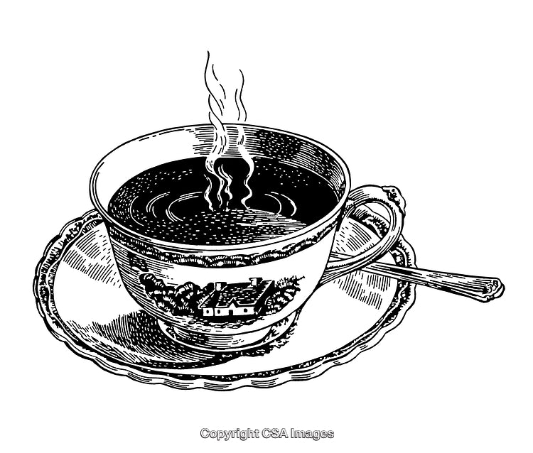 Intricate Black and White Engraving of a Tea Cup and Saucer