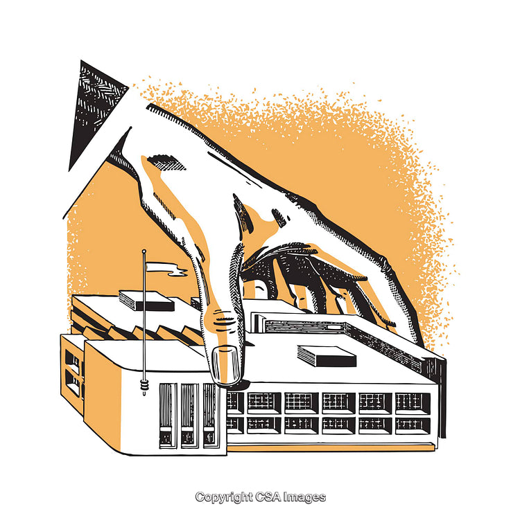 Conceptual Illustration of Hand Manipulating Building in Urban Scene