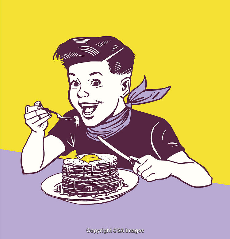 Happy Boy Enjoying Pancakes in a Colorful Line Art Illustration