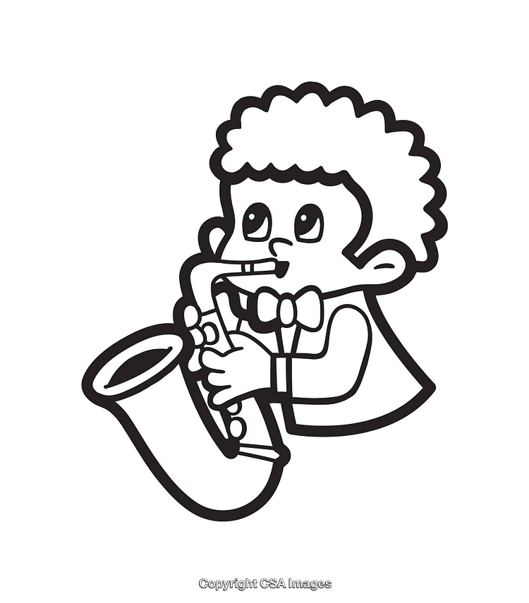 Black and White Line Art of a Young Musician Playing Saxophone