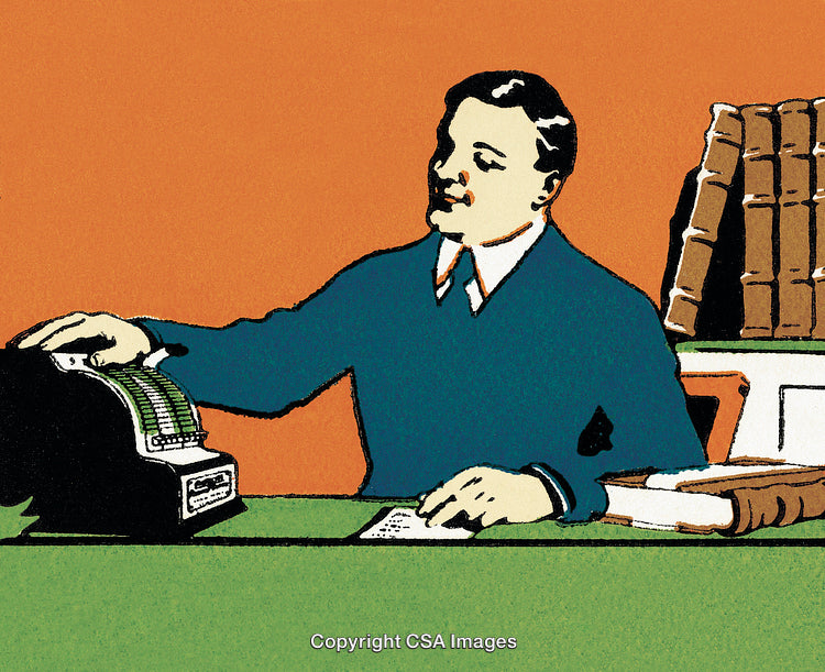 Vintage Illustration of a Businessperson Using an Adding Machine at a Desk