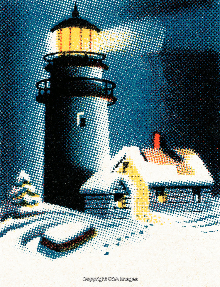 Snow-Covered House Beside Lighthouse at Night with Warm Light
