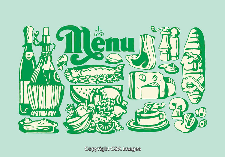 Vintage Green Line Art Menu with Food and Drink Illustrations