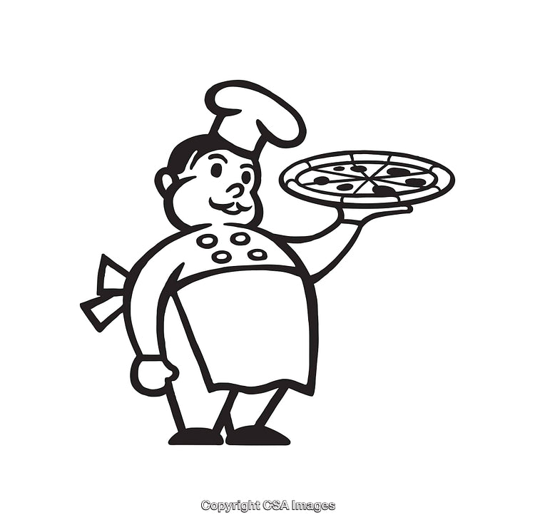 Black and White Illustration of a Chef Holding a Pizza