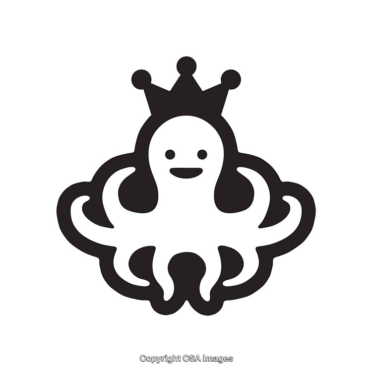 Cute Octopus Doodle Wearing a Crown in Minimalist Black and White