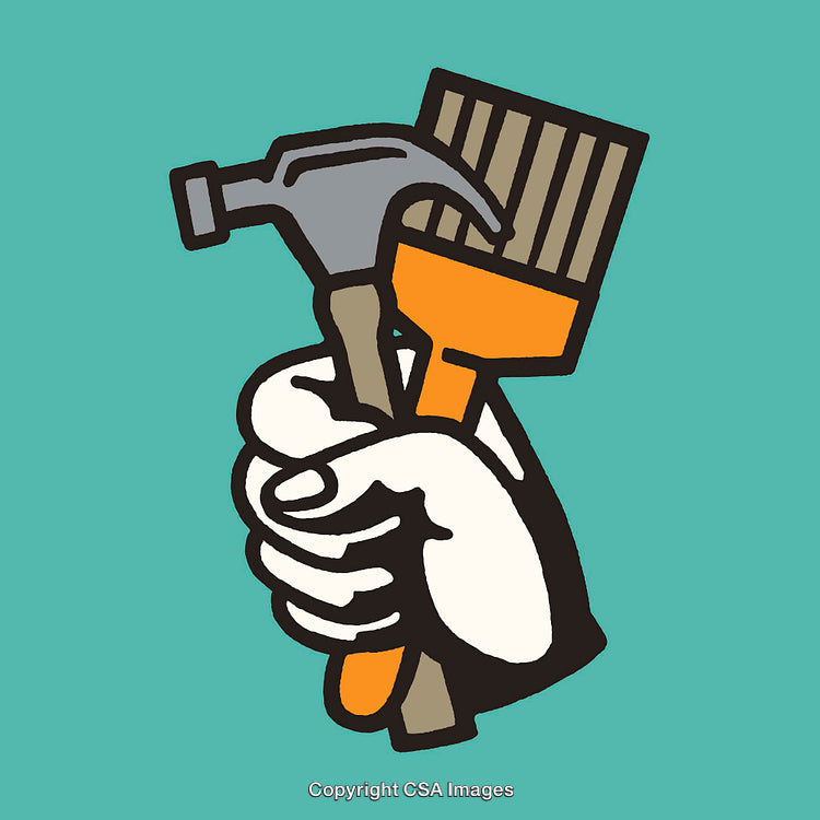 Hand Holding Hammer and Paintbrush Representing DIY and Craftsmanship