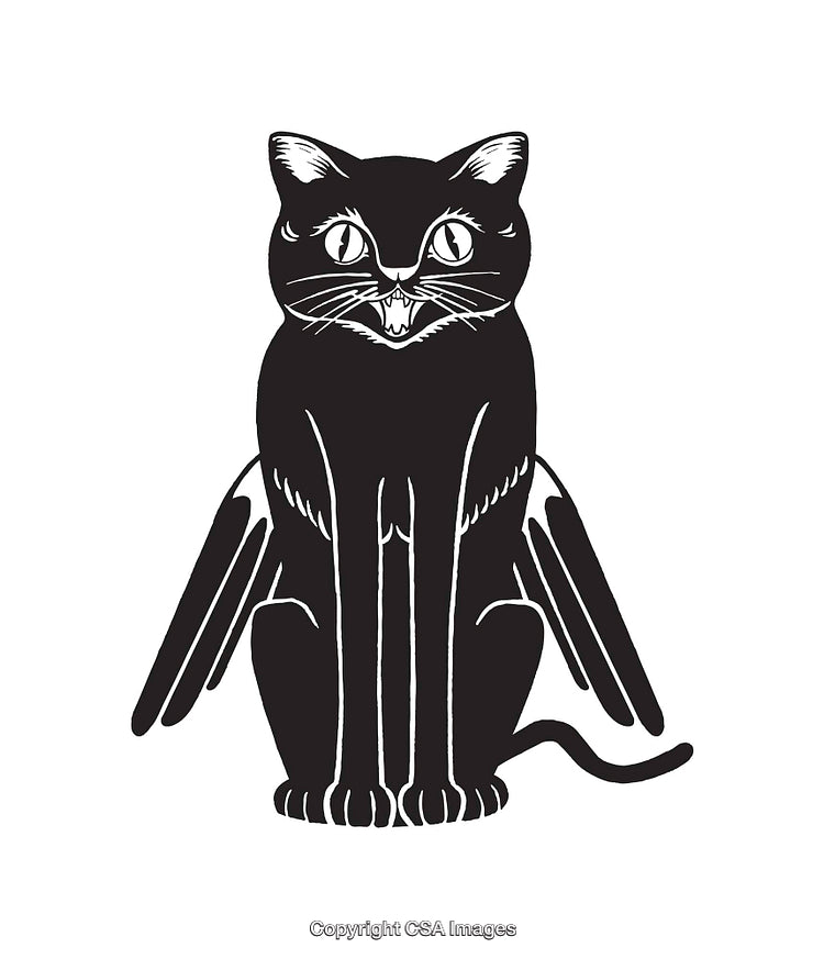 Black And White Line Art Illustration of Mystical Cat With Wings