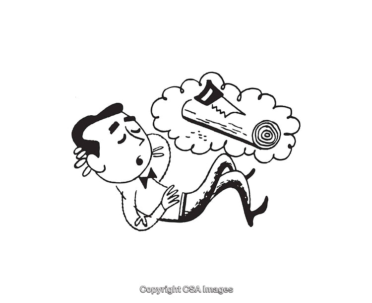 Humorous Black and White Illustration of a Man Dreaming of a Saw