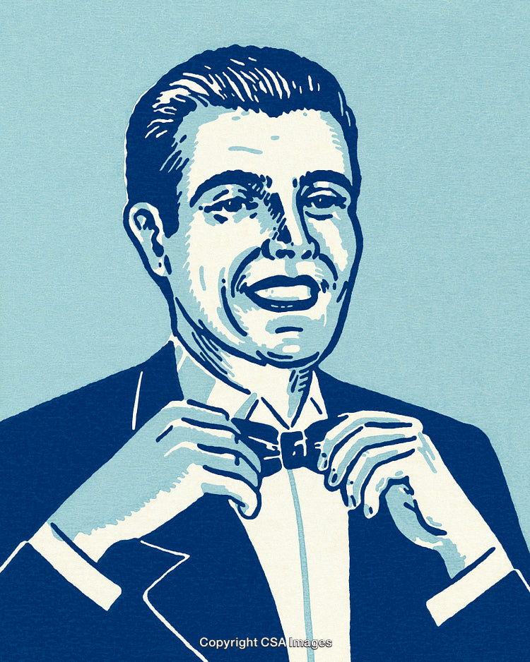Retro Style Illustration of Smiling Man Adjusting Bow Tie