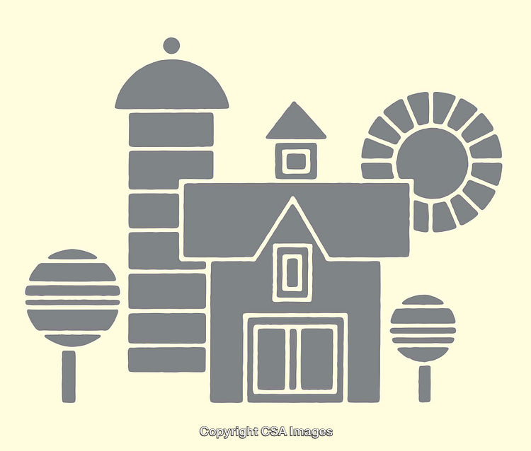 Stylized Icon of Farm Buildings with Trees and Circular Motif