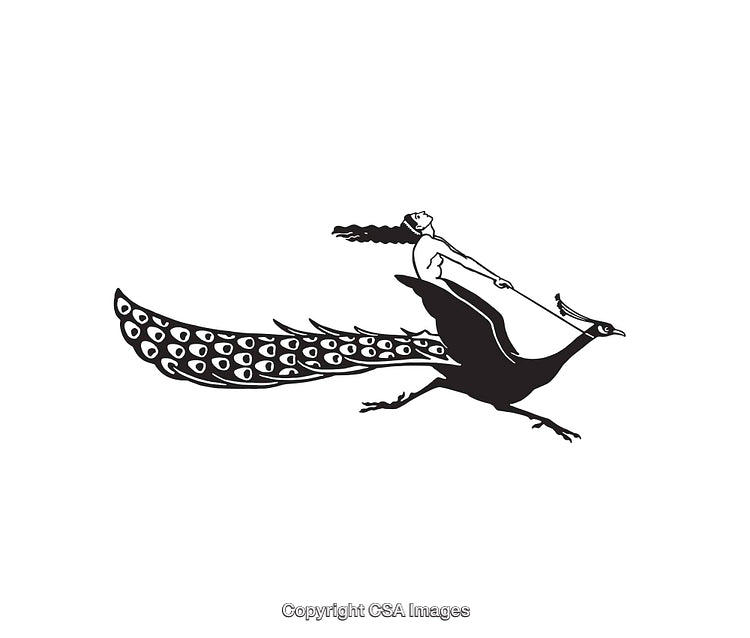 Imaginative Black and White Line Art of Woman Riding a Peacock