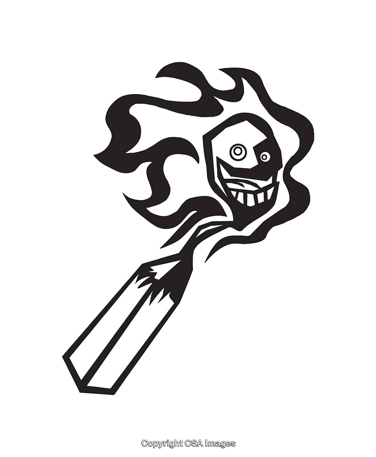 Black and White Line Art of a Flaming Matchstick Illustration