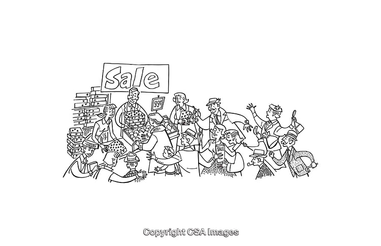 Black and White Line Art of Shoppers at a Sale Event