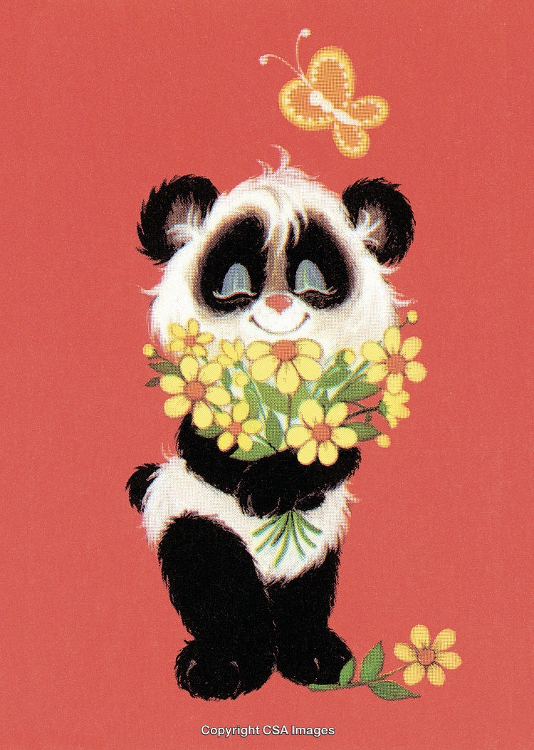 Cute Cartoon Panda Holding Yellow Flowers With a Smiling Butterfly Nearby