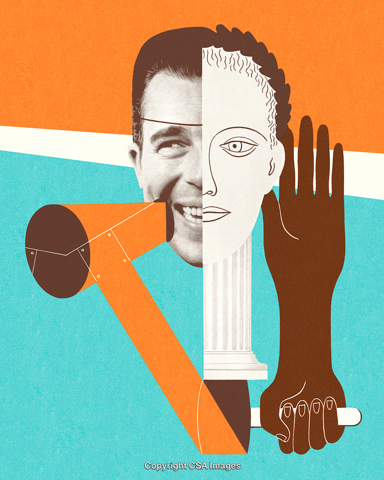 Surreal Artwork Combining Human Features with Geometric Patterns and Robotic Elements