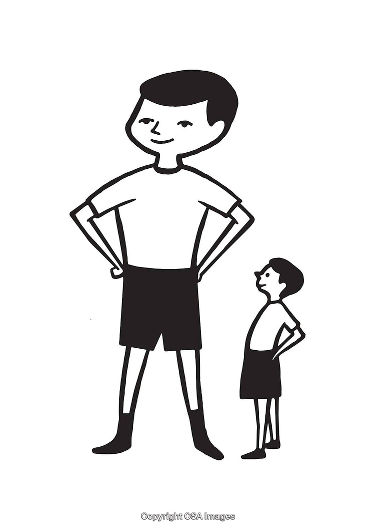 Black and White Illustration of Two Figures Representing Growth and Comparison