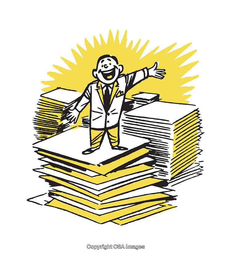 Illustration of a Joyful Businessman Standing on Stacks of Papers
