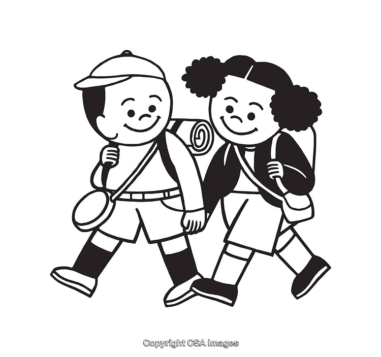 Cheerful Children Hiking Together in Black and White Line Art Illustration