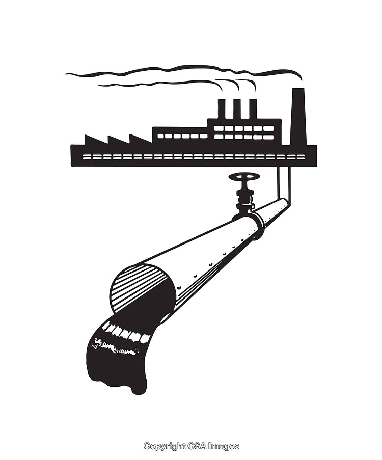 Industrial Factory with Pipe Releasing Effluent Black and White Illustration