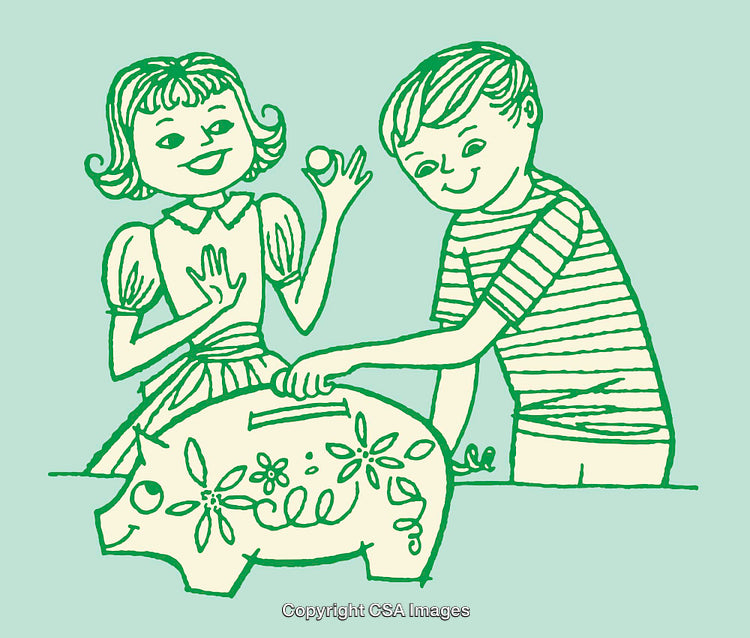 Children Depositing Coins into Decorated Piggy Bank in Vintage Style Line Art