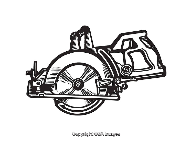Detailed Black and White Line Art of a Circular Saw Tool