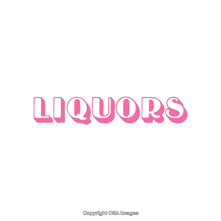 Pink Text Sign Depicting Liquors on a Whitespace Background