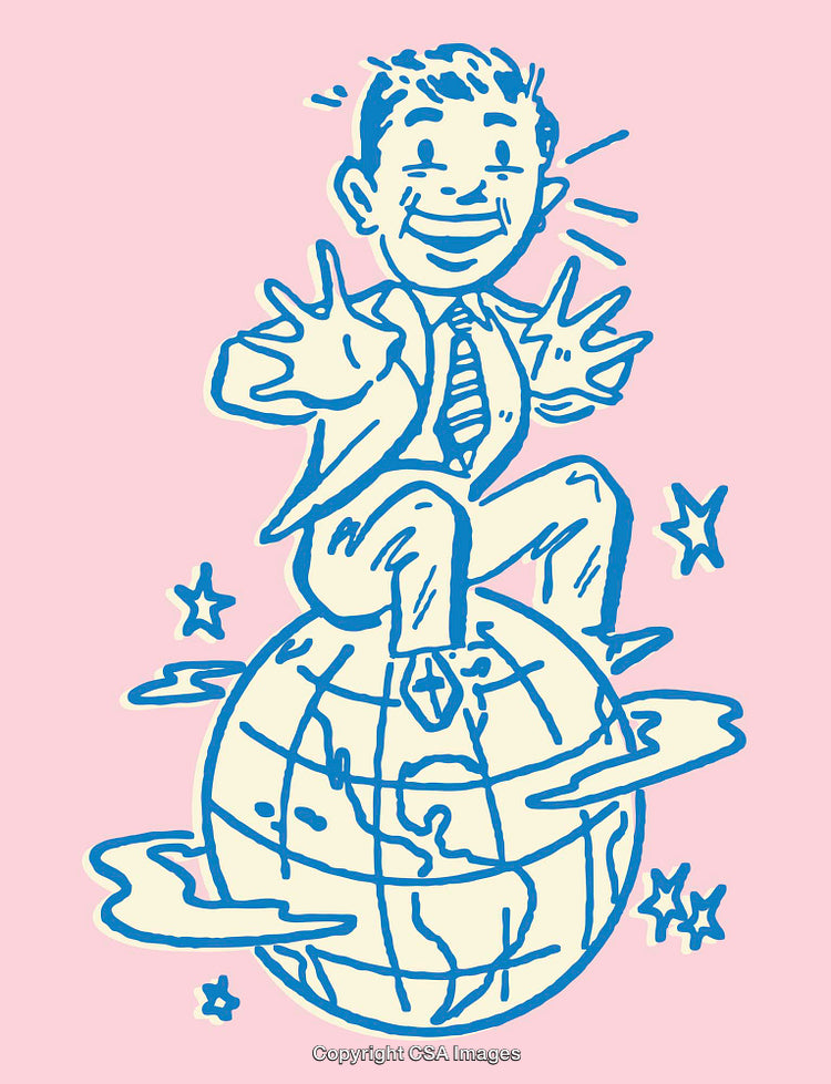 Illustration of Cheerful Businessman Standing on Globe in Retro Style