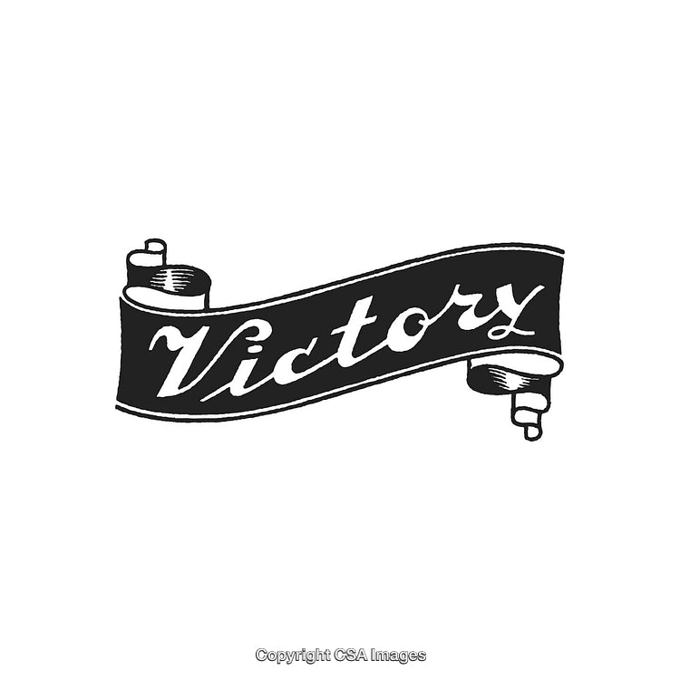 Artistic Scroll Design Engraved with the Word Victory in Bold Style