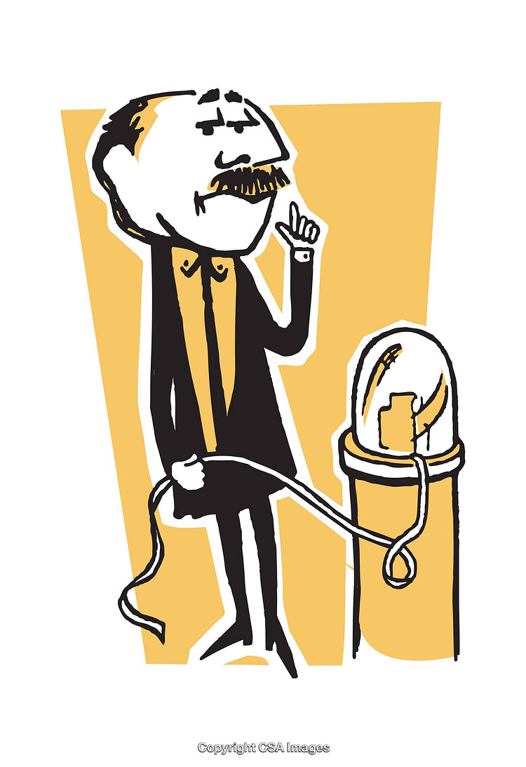 Hand-Drawn Illustration of a Mustached Man with Light Bulb and Ribbon