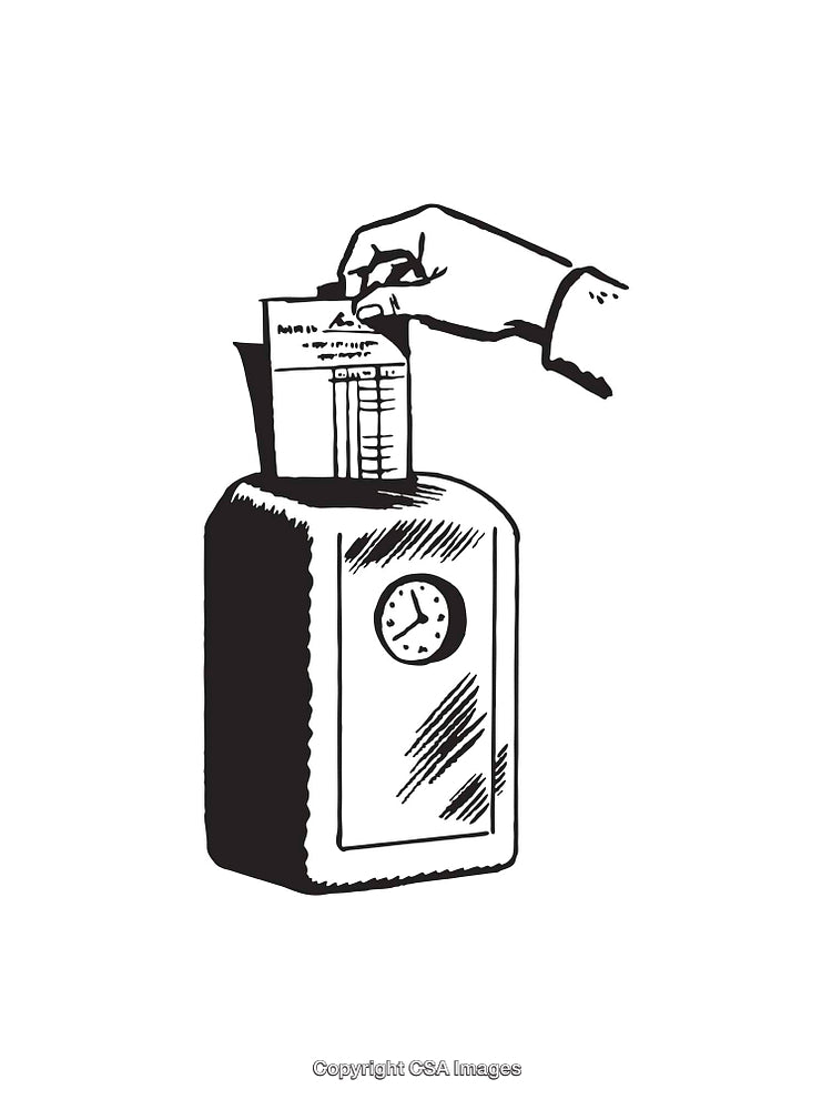 Illustration of a Worker Using a Vintage Time Clock Punch Machine